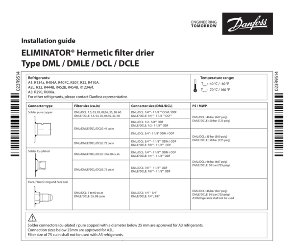 Installation guide ELIMINATOR® Hermetic filter drier Type DML / DMLE / DCL / DCLE